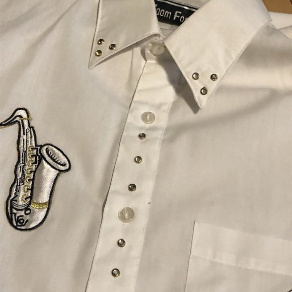 womens button down shirt band instruments small vintage saxophone drum piano - Picture 2 of 10